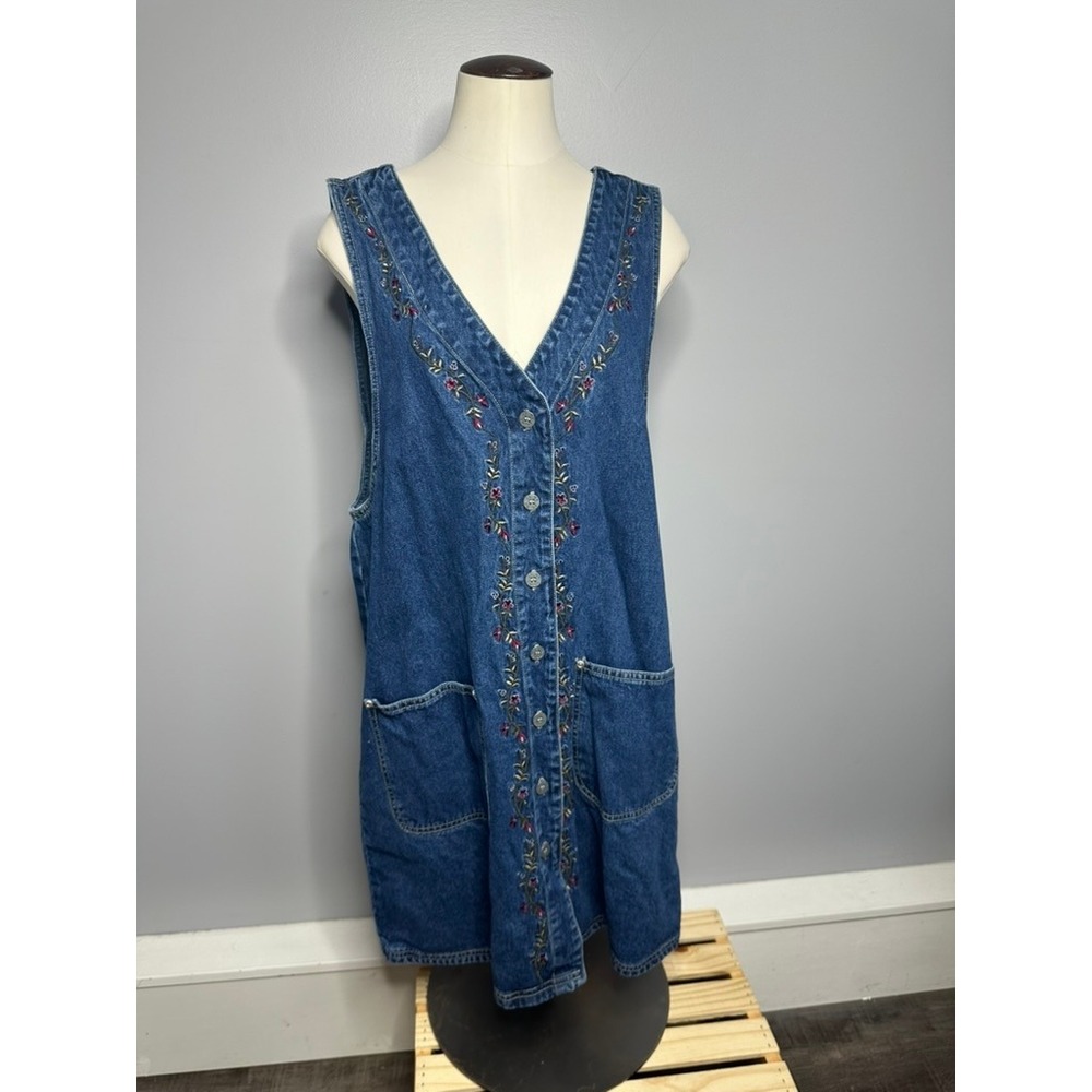 Vtg 90s JL NY Sport Denim Jumper Dress Embroidered Button Large Cottagecore Jean